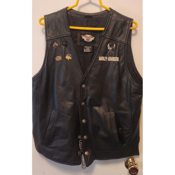 Vintage! Harley Davidson Genuine Leather Embroidered Snap Vest Size Mens L MINT